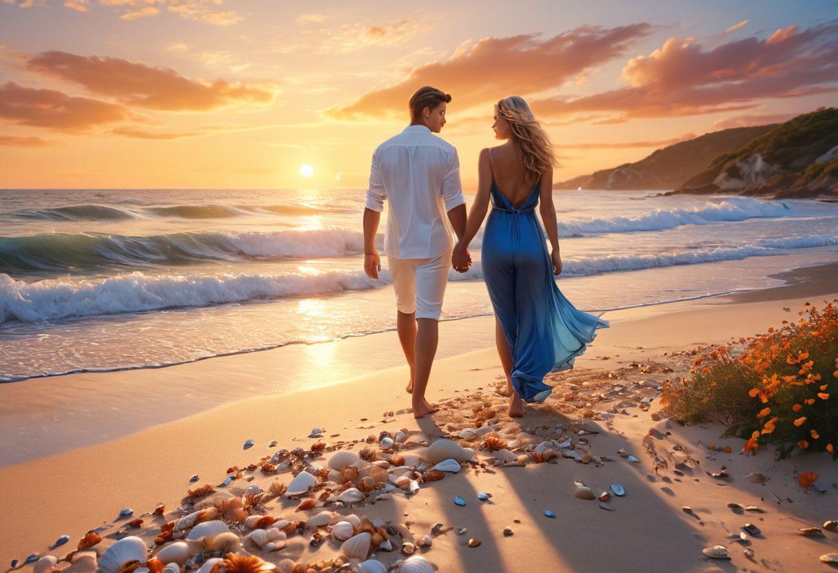 A stunning coastal sunset backdrop featuring a fashionable couple in elegant beach attire striking glamorous poses. The sandy shore is adorned with seashells, and gentle waves lap at their feet. Soft lighting enhances the romantic ambiance, with wildflowers scattered around. The sky transitions from gold to deep blue, creating a dreamy atmosphere. super-realistic. vibrant colors. 3D.