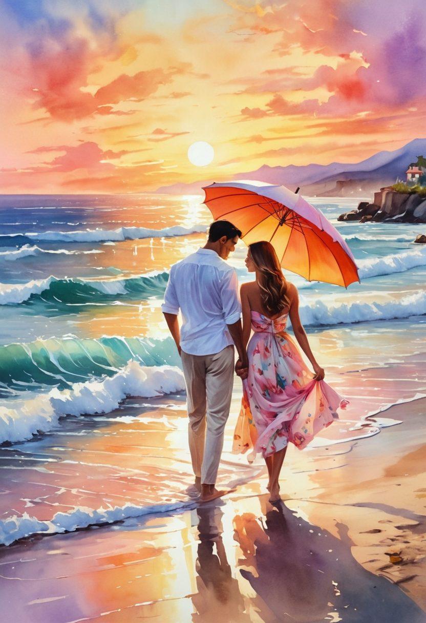 A picturesque seaside scene featuring a couple in elegant outfits, embracing at the water's edge, with sparkling waves reflecting sunlight. Surround them with vibrant beach umbrellas and colorful tropical flowers, evoking a sense of glamour and romance. Include soft pastel colors in the sky during sunset to enhance the dreamy atmosphere. watercolor painting style. warm tones.